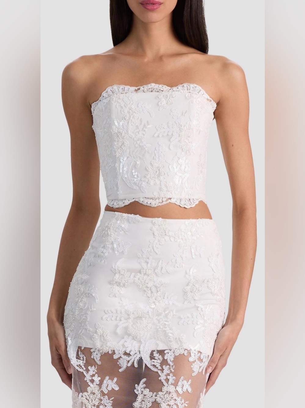 Alice + Olivia Ceresi Embellished Lace Bandeau Top in Off-White